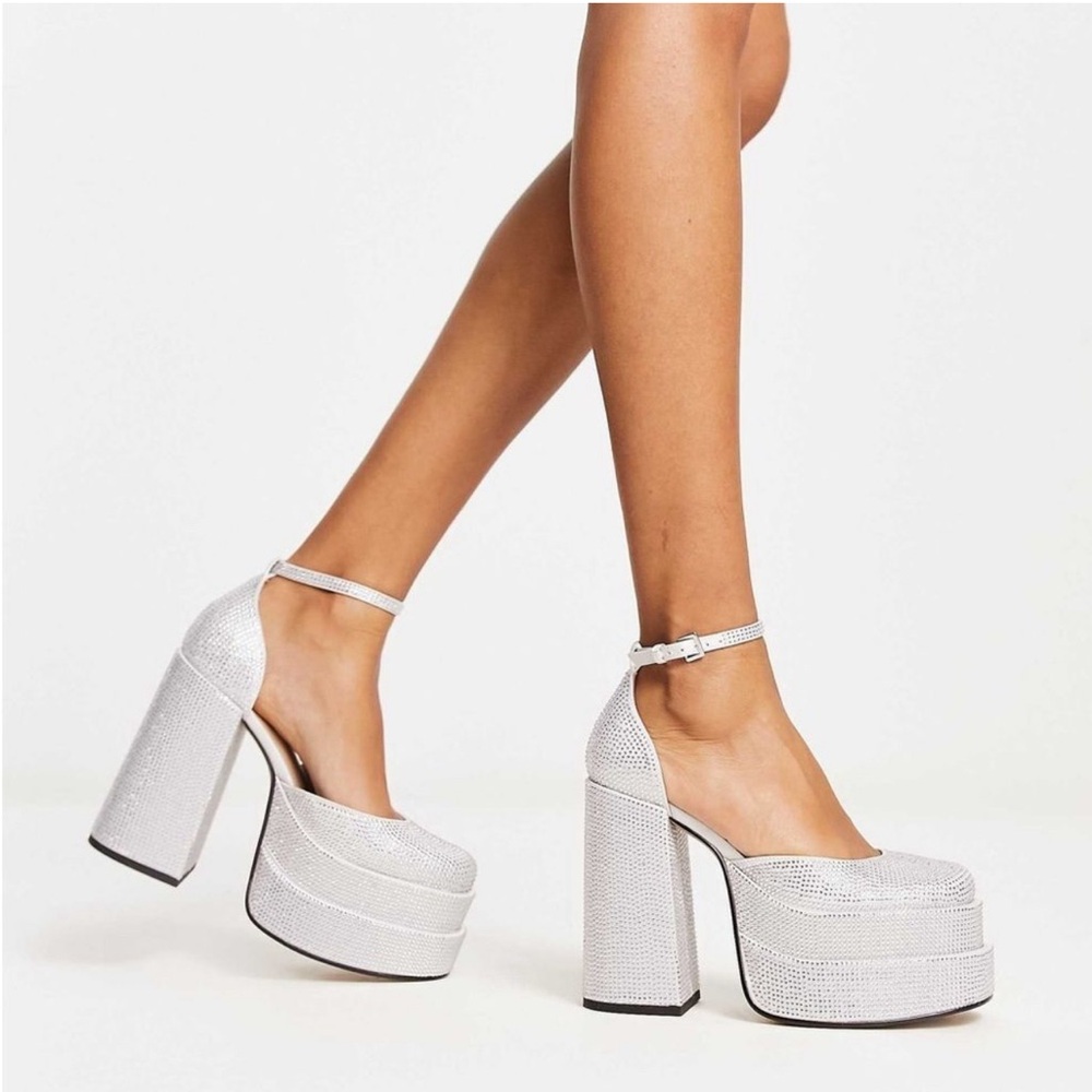 Steve Madden Charlize Rhinestone Chunky Silver Platform Shoes - Picture 4 of 8